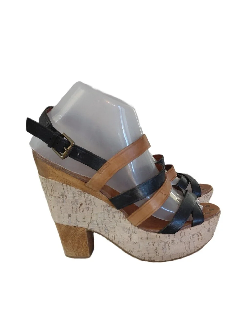 Anthropologie Black and Brown Strappy Platform Cork Wedge Sandals Size 8 B